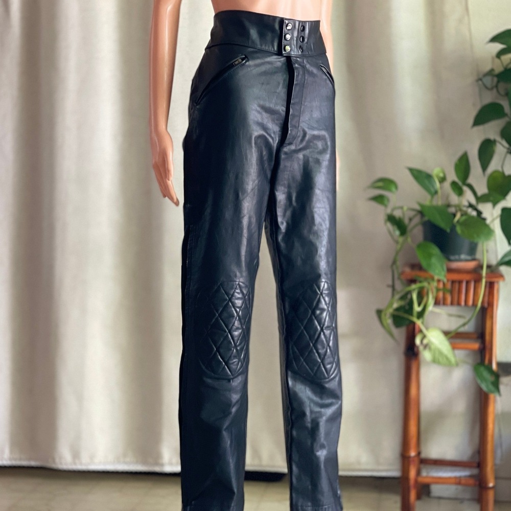 Vtg 80s 90s Mens Black Leather Biker Pants Quilted Knee Side Zippers 29" Waist